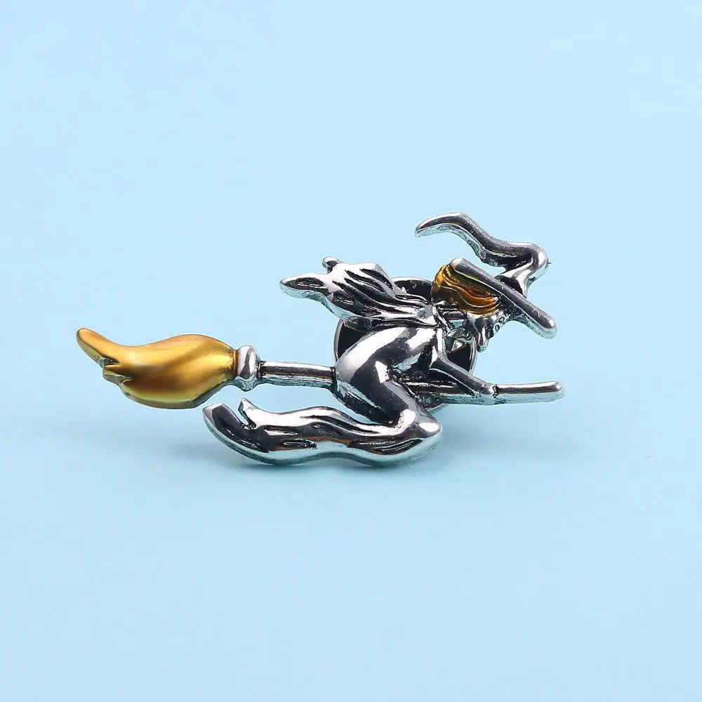 Retro Witch Riding Broom Brooch | Vintage Gothic Enamel Cloak Pin Anakha H. Nyx