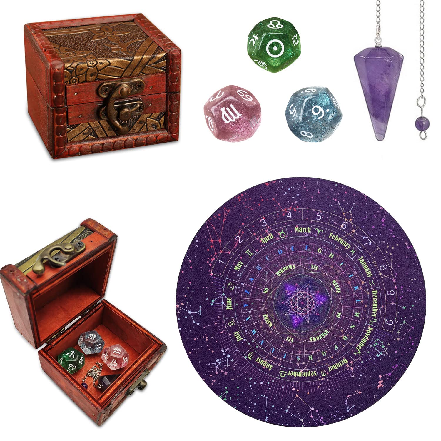 Complete Tarot Pendulum Divination Kit | Amethyst Crystal & Wooden Swing Board Set