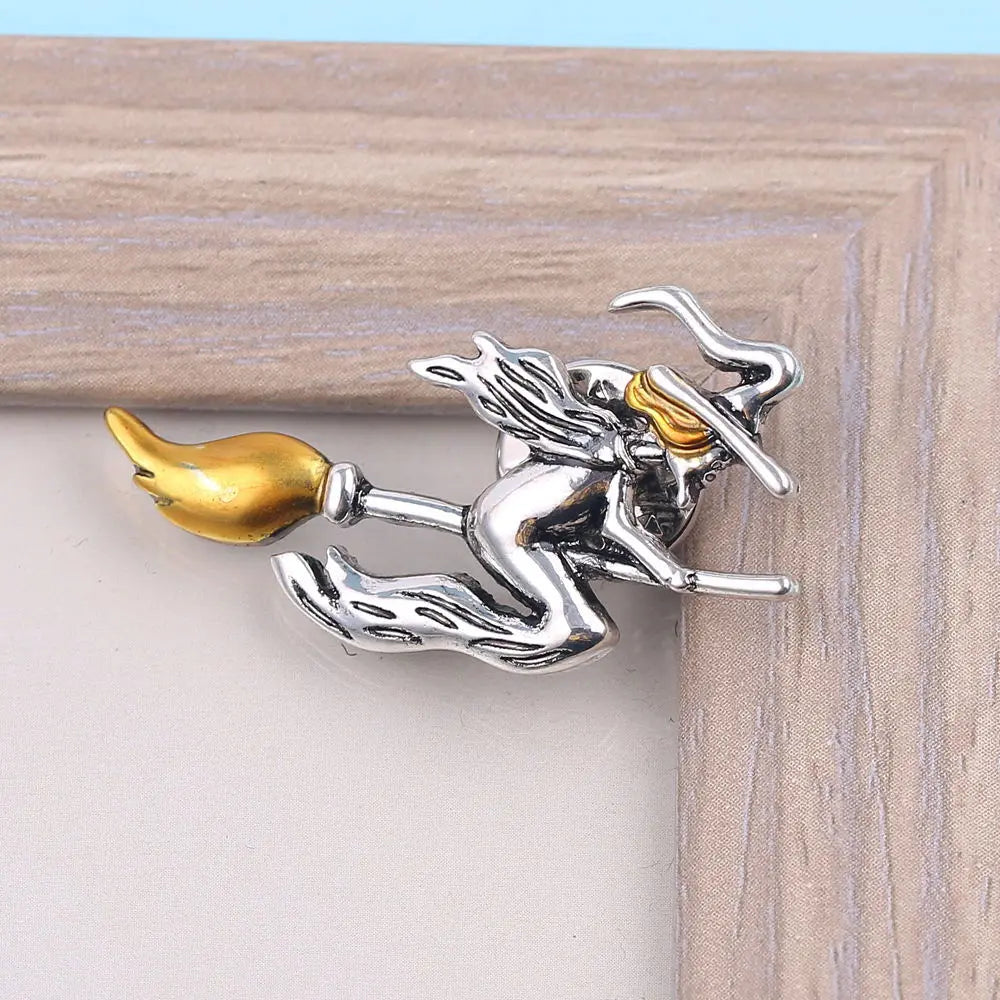 Retro Witch Riding Broom Brooch | Vintage Gothic Enamel Cloak Pin Anakha H. Nyx
